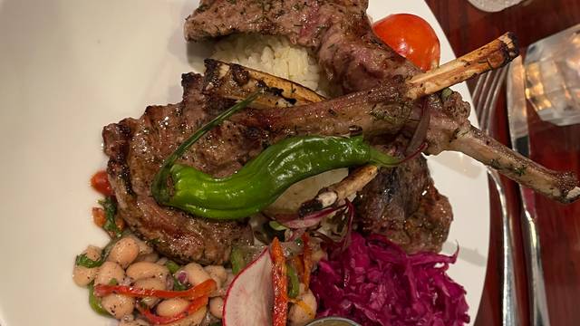 Istanbul Grill signature dishes Lamb Shish Kebab, Chicken Delight, Kunefe, Baklava.
